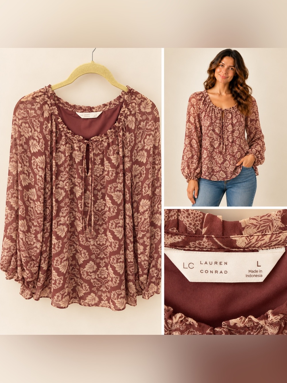 LC Lauren Conrad Mauve Floral Tie-Neck Peasant Blouse
